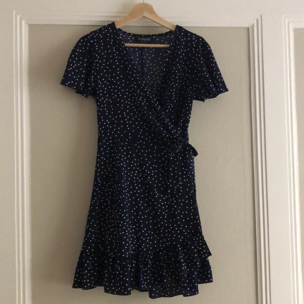 Navy Polk-a-Dot Wrap Dress